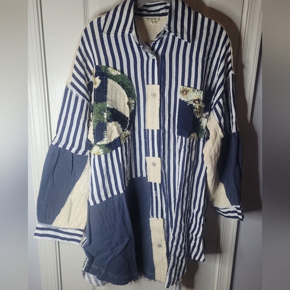 POL Floral Print Peace Striped Patchwork Oversized Buttoned Down Shirt.Sz S.NWOT - Picture 4 of 8